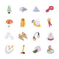 A collection of charming isometric icons depicting various winter-related items and activities vector