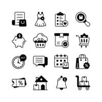 This set of icons represents various aspects of online shopping, including purchasing, delivery, customer service, discounts, and order management vector