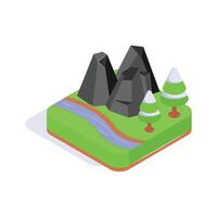 An isometric icon of mountain landscape with greenery and rocks vector