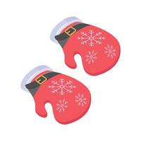 Warm red mittens with white snowflake patterns for winter. vector