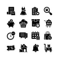 This set of icons represents various aspects of online shopping, including purchasing, delivery, customer service, discounts, and order management vector
