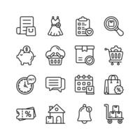 This set of icons represents various aspects of online shopping, including purchasing, delivery, customer service, discounts, and order management vector