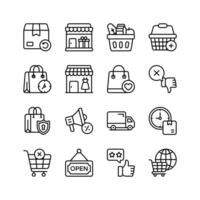 Collection of icons representing various aspects of online shopping, including delivery, stores, shopping bags, baskets, customer feedback, and security vector