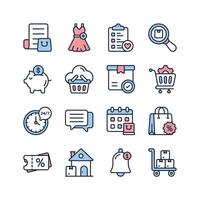 This set of icons represents various aspects of online shopping, including purchasing, delivery, customer service, discounts, and order management vector