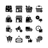 Collection of icons representing various aspects of online shopping, including delivery, stores, shopping bags, baskets, customer feedback, and security vector