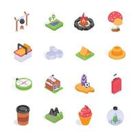 A collection of colorful isometric icons representing various travel and camping essentials vector