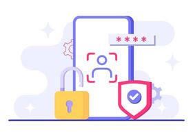 Facial recognition technology flat illustration, Identification and authentication system using faces, biometrics and security, Face identity, Biometric identification, Unlock device vector