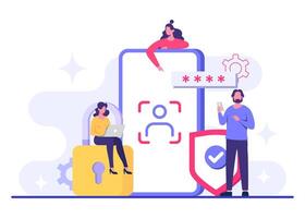 Facial recognition technology flat illustration, Identification and authentication system using faces, biometrics and security, Face identity, Biometric identification, Unlock device vector