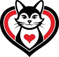 A black and white cat with a red heart in the middle vector