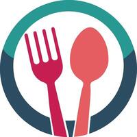 A fork and spoon in a circle with a blue and red background vector