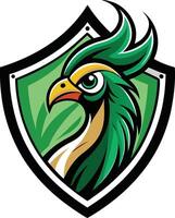 A green bird with a long tail on a shield vector