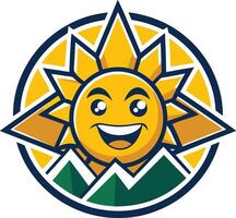 The sun is smiling in a circle with mountains in the background vector