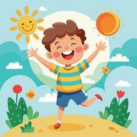 Happy boy jumping in the air with sun and clouds vector