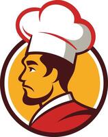 A chef in a hat and a red and yellow uniform vector
