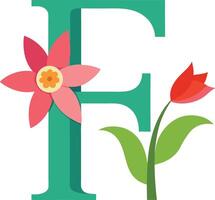 The letter f with a flower and a green leaf vector