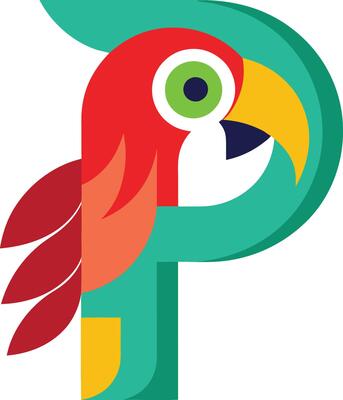 The letter p with a colorful parrot on it