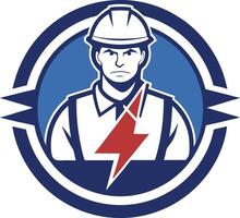 Electrician electrician worker with lightning bolt on his shoulder looking up set inside circle on isolated background vector