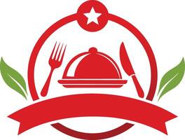 A red and white logo with a cloche and fork vector