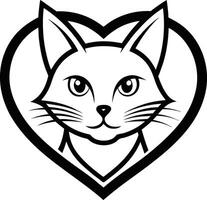 A black and white cat head in the shape of a heart vector