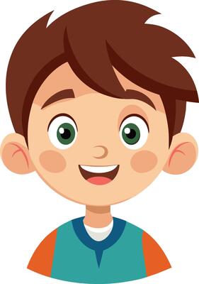 A cartoon boy with brown hair and green eyes