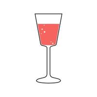 A glass of pink sparkling wine is drawn with a black outline isolated on a white background. vector