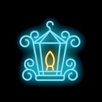 Neon style icon of a vintage lantern glowing on black background vector