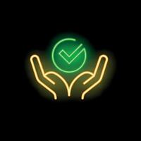 Neon icon of two hands holding a validation symbol vector
