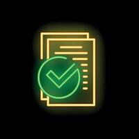 Neon green check mark validating documents on black background vector