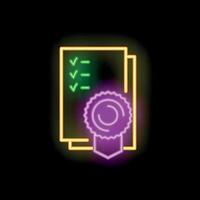 Neon icon of documents with check marks receiving quality assurance approval vector