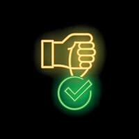 Neon style icon hand holding check mark symbol on dark background vector