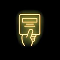 Hand holding document with index finger pointing at it in neon style vector