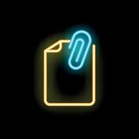 Neon icon of paper document with attached paperclip glowing on black background vector