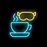 Neon sign of steaming coffee cup and sleeping mask representing morning routine vector