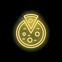 Bright yellow neon sign showing a pizza with a slice cut out vector