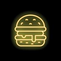 Bright yellow neon sign showing a tasty burger glowing on a black background vector