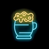 Blue and yellow neon sign of a beer pint with foam overflowing on black background vector