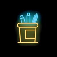 Neon sign of pencils and pens in a container on black background vector