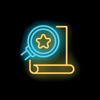 Neon icon of magnifying glass searching for star on a document vector