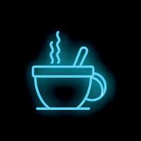 Neon sign of steaming hot drink in mug with spoon on black background vector