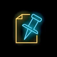 Neon push pin attaching paper document icon on black background vector