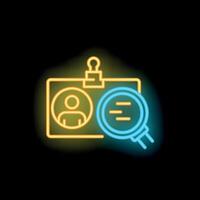 Neon icon of magnifying glass examining id card for verification vector