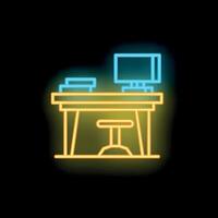 Neon office desk with computer and chair on black background vector