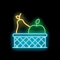 Glowing neon sign of a fruit basket with apple and pear on black background vector