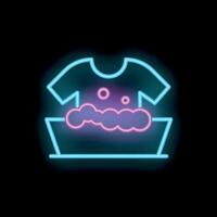 Neon icon of t shirt soaking in basin with soap suds for laundry night vector