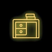 Yellow neon sign of a desk with drawers and books on top vector