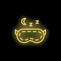Yellow neon sign of sleeping mask with crescent moon and z letters on black brick wall vector