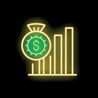 Neon sign representing money bag with increasing statistics chart bars vector
