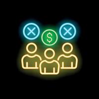Team facing financial loss with dollar sign and cross marks neon signboard style vector