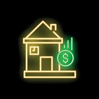 Neon sign of house with falling dollar coin representing housing market crash vector