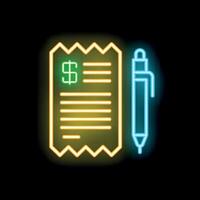 Neon icon of pen writing on invoice representing payment for services vector